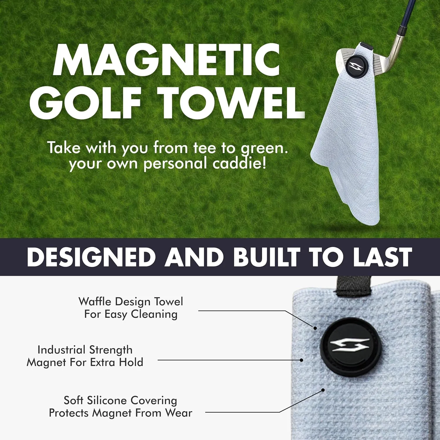Magnetic Microfiber Waffle Golf Towel – Large 16"x24" Clean Golf Club Ball Magnet Clip to Hang on Bag Cart Strong Premium Strength Ultra Absorbent Gear Grey Men (Heathered Gray)