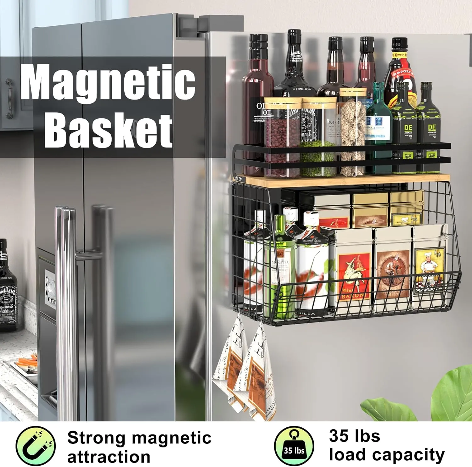 Magnetic Shelf for Fridge with Wood Lid, Fruit Potato & Onion Storage Bins, Magnetic Spice Rack for Refrigerator Pantry Organizer & Storage, Large Container for Refrigerator, Kitchen Counter & Laundry