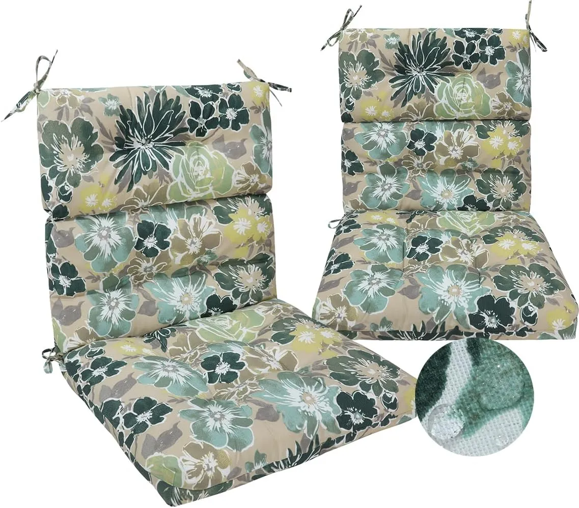 Magpie Fabrics Patio Tufted High Back Chair Cushion 2 Count, Waterproof Fade Resistant Indoor Outdoor Deep Seating Rocking Chair Swing Seat/Back Cushions - Green Floral