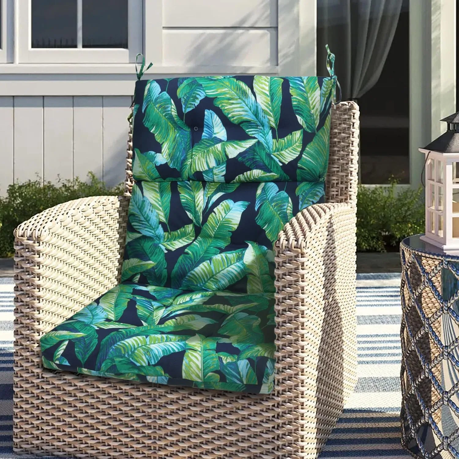 Magpie Fabrics Patio Tufted High Back Chair Cushion 2 Count, Waterproof Fade Resistant Indoor Outdoor Deep Seating Rocking Chair Swing Seat/Back Cushions - Green Lagoon Leaves