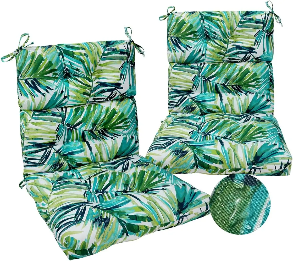 Magpie Fabrics Patio Tufted High Back Chair Cushion 2 Count, Waterproof Fade Resistant Indoor Outdoor Deep Seating Rocking Chair Swing Seat/Back Cushions - Green Palm Leaves