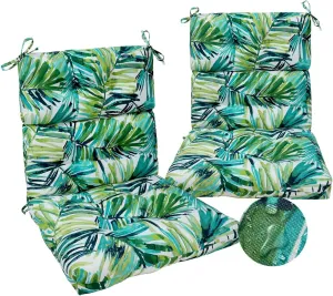 Magpie Fabrics Patio Tufted High Back Chair Cushion 2 Count, Waterproof Fade Resistant Indoor Outdoor Deep Seating Rocking Chair Swing Seat/Back Cushions - Green Palm Leaves