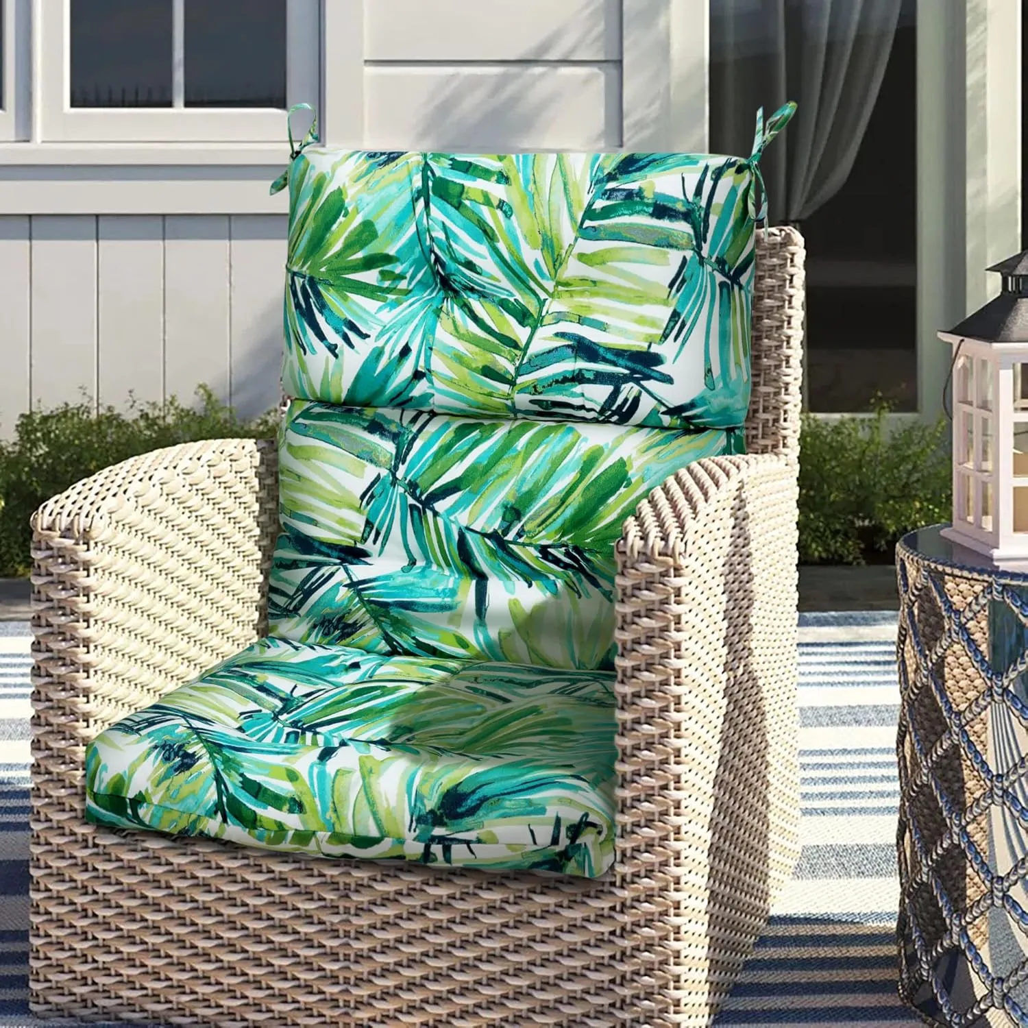 Magpie Fabrics Patio Tufted High Back Chair Cushion 2 Count, Waterproof Fade Resistant Indoor Outdoor Deep Seating Rocking Chair Swing Seat/Back Cushions - Green Palm Leaves