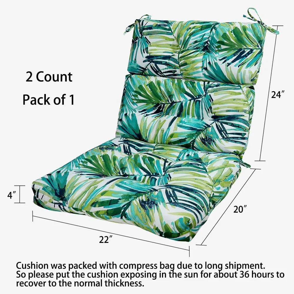 Magpie Fabrics Patio Tufted High Back Chair Cushion 2 Count, Waterproof Fade Resistant Indoor Outdoor Deep Seating Rocking Chair Swing Seat/Back Cushions - Green Palm Leaves