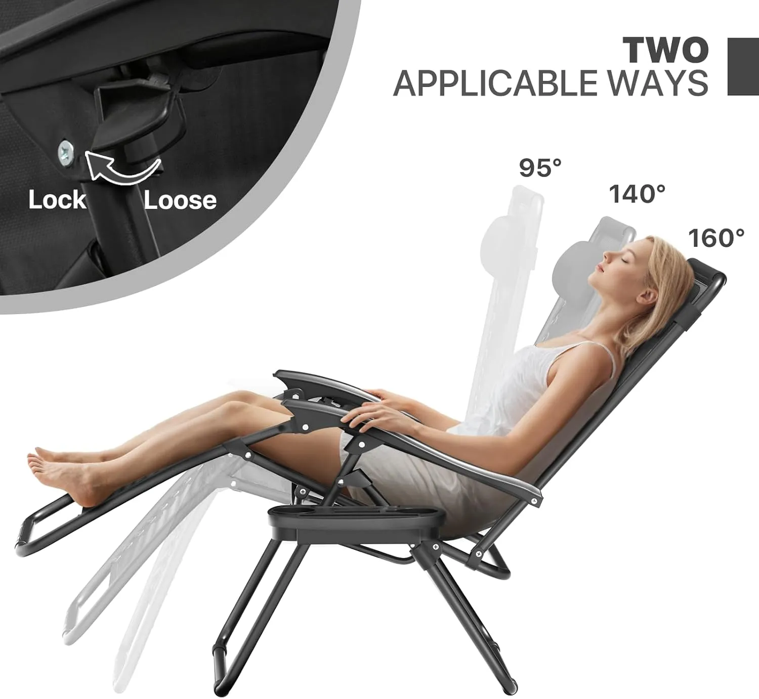 Magshion Zero Gravity Lounge Chairs Set of 2, Outdoor Patio Reclining Chair with Side Tray, Adjustable Anti-Gravity Recliners with Pillow Headrest, Folding Lounger for Lawn Camping Beach, Black