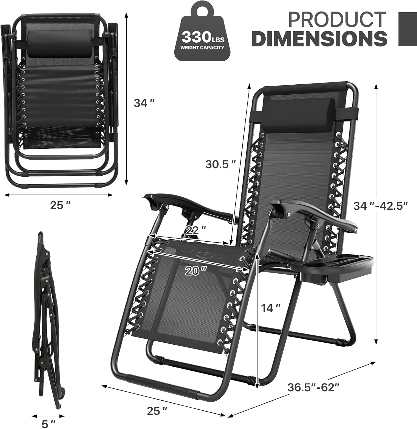 Magshion Zero Gravity Lounge Chairs Set of 2, Outdoor Patio Reclining Chair with Side Tray, Adjustable Anti-Gravity Recliners with Pillow Headrest, Folding Lounger for Lawn Camping Beach, Black