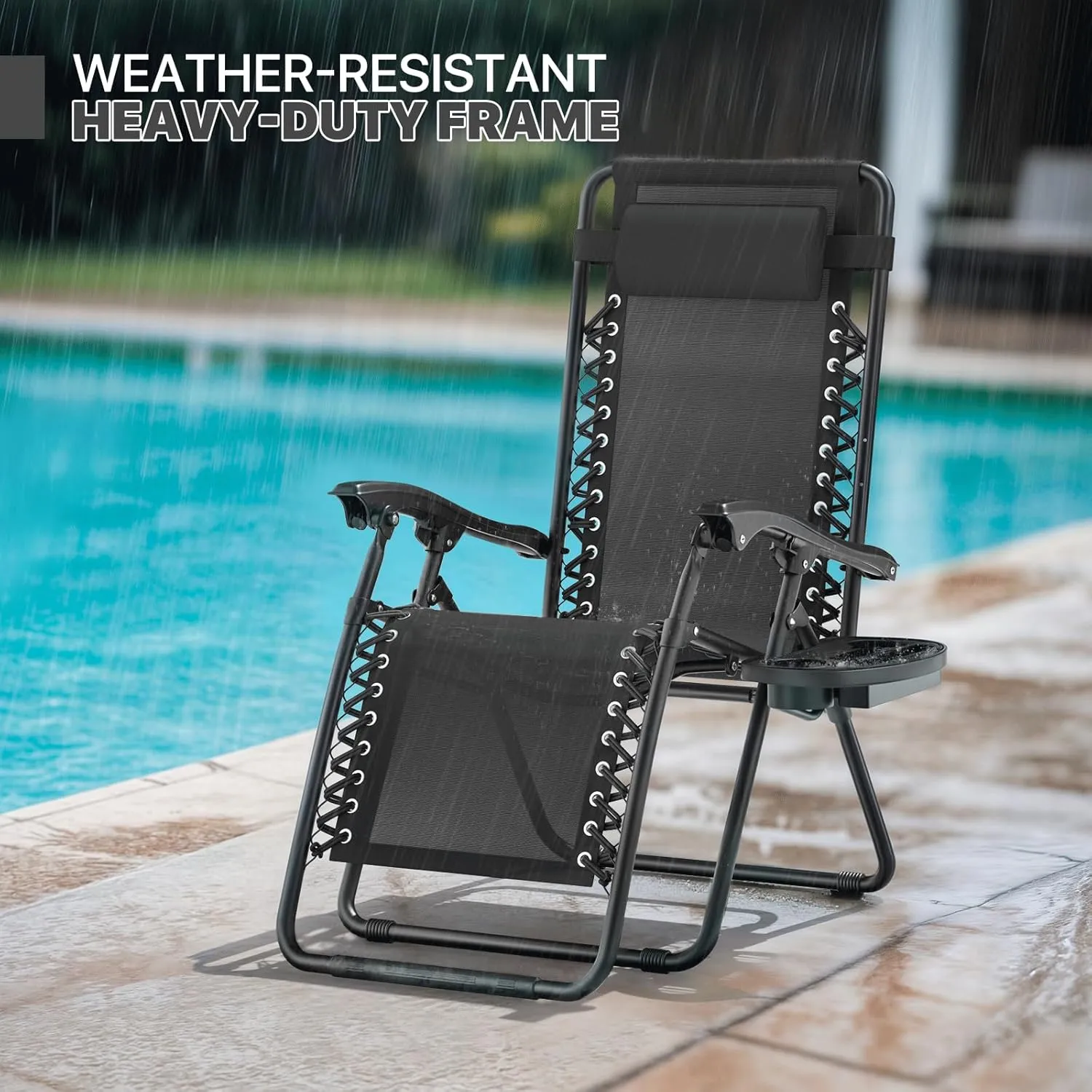 Magshion Zero Gravity Lounge Chairs Set of 2, Outdoor Patio Reclining Chair with Side Tray, Adjustable Anti-Gravity Recliners with Pillow Headrest, Folding Lounger for Lawn Camping Beach, Black