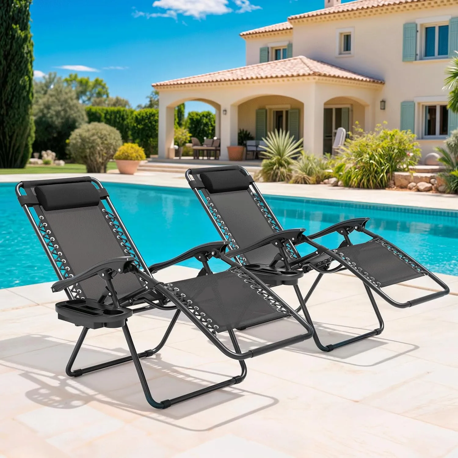 Magshion Zero Gravity Lounge Chairs Set of 2, Outdoor Patio Reclining Chair with Side Tray, Adjustable Anti-Gravity Recliners with Pillow Headrest, Folding Lounger for Lawn Camping Beach, Black