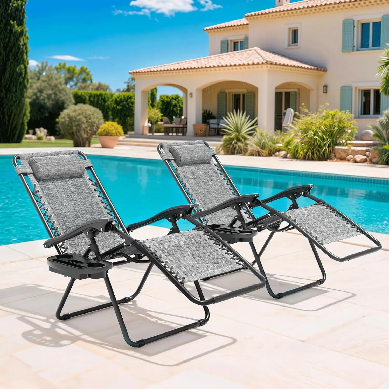 Magshion Zero Gravity Lounge Chairs Set of 2, Outdoor Patio Reclining Chair with Side Tray, Adjustable Anti-Gravity Recliners with Pillow Headrest, Folding Lounger for Lawn Camping Beach, Dark Grey