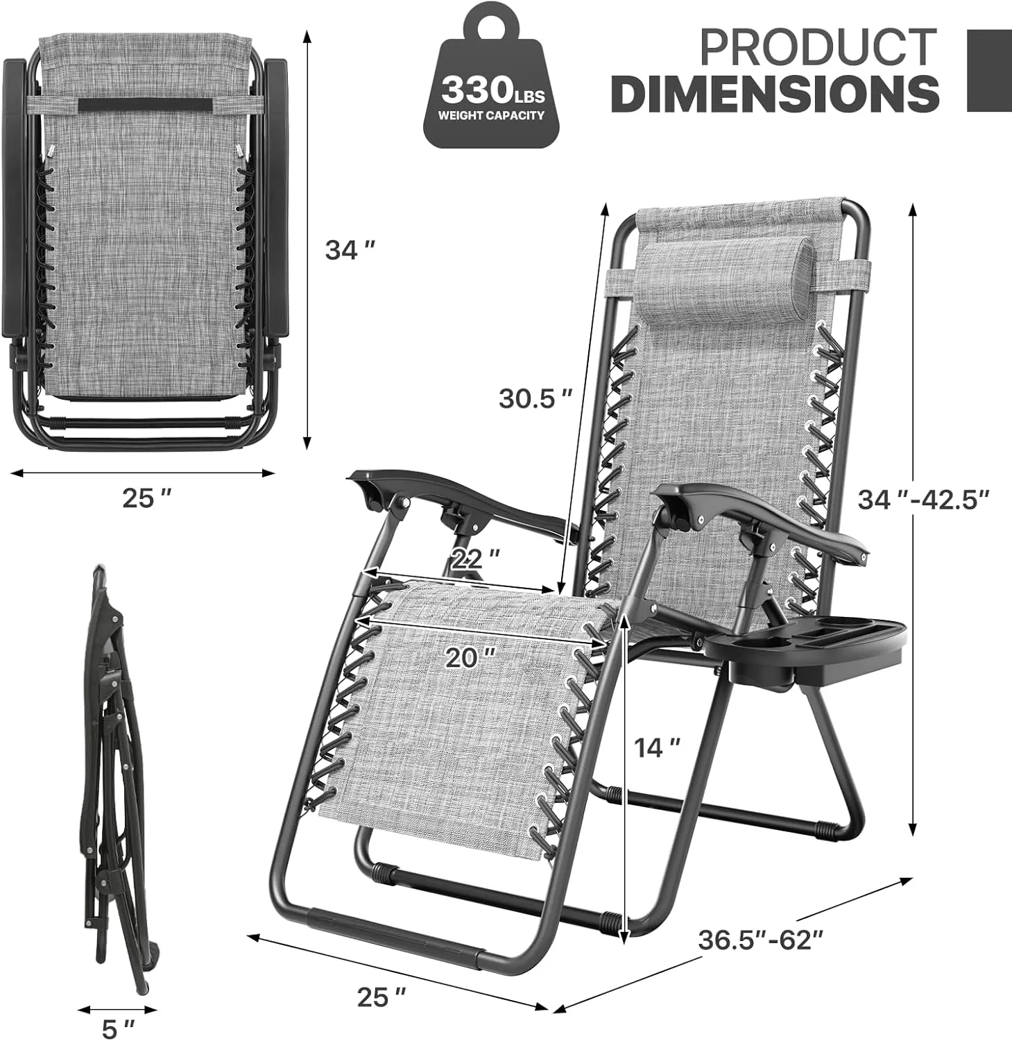 Magshion Zero Gravity Lounge Chairs Set of 2, Outdoor Patio Reclining Chair with Side Tray, Adjustable Anti-Gravity Recliners with Pillow Headrest, Folding Lounger for Lawn Camping Beach, Dark Grey