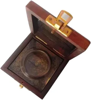 Maritime Navy Brass Compass with Wooden Box – Antique Nautical Marine Desk Compass for Collectors