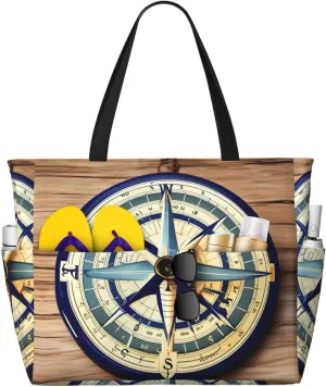 Maritime Sailboat Compass Print Versatile Large Beach Travel Bag,Anti-Sand Beach Carry Bag For Various Needs
