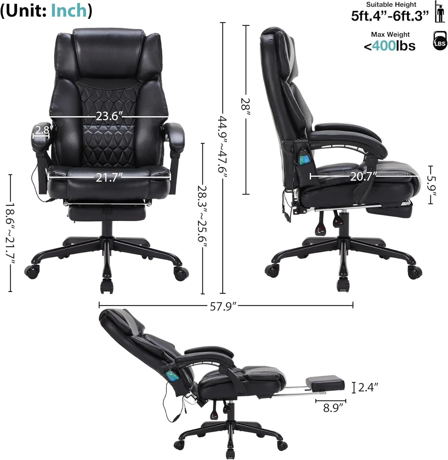 Massage Office Chair with Foot Rest 6 Points Vibration and Heat Home Office Desk Chairs for Heavy People 400lbs Reclining Managerial Chairs Ergonomic Executive Chair (Black)