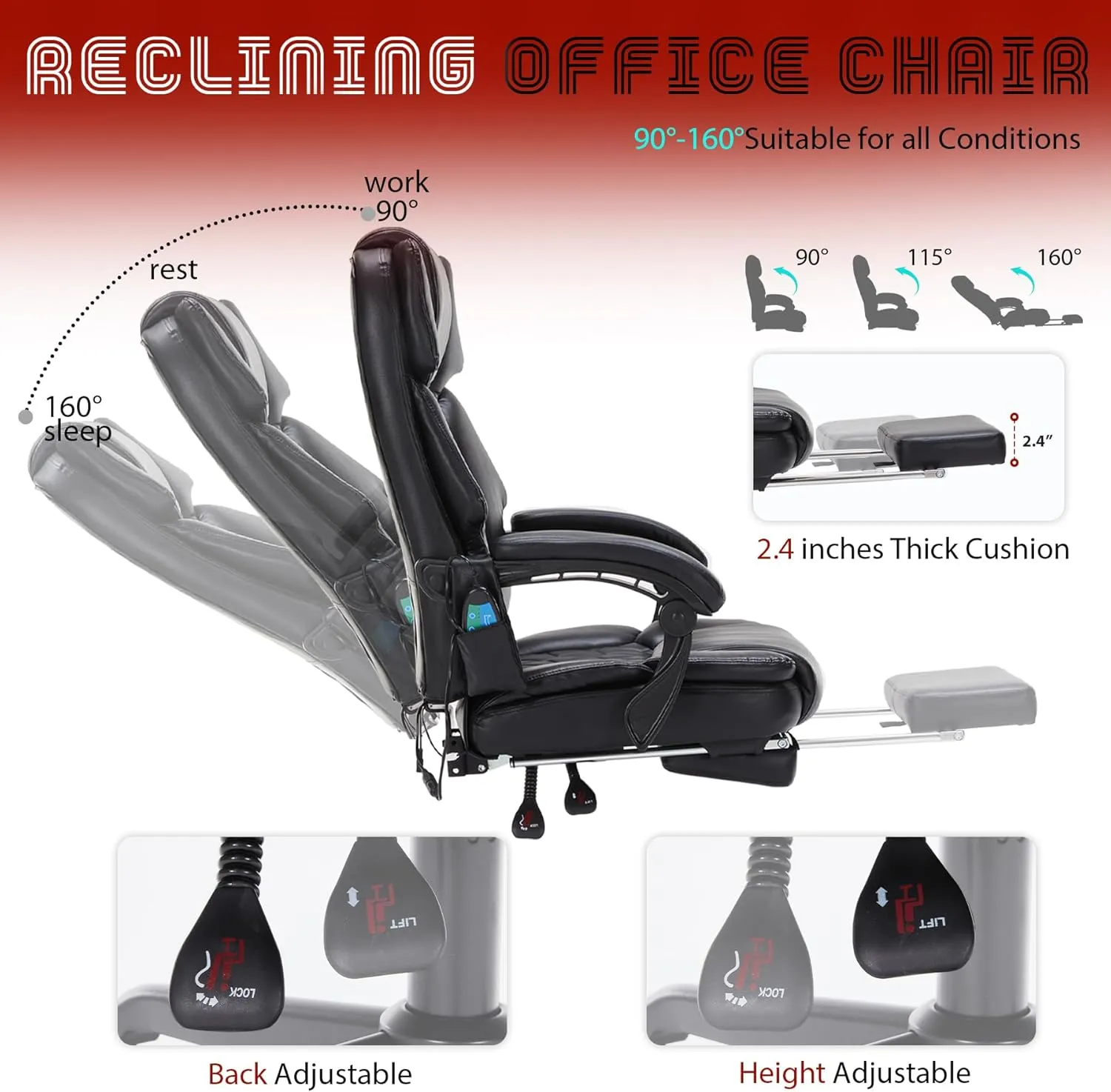 Massage Office Chair with Foot Rest 6 Points Vibration and Heat Home Office Desk Chairs for Heavy People 400lbs Reclining Managerial Chairs Ergonomic Executive Chair (Black)