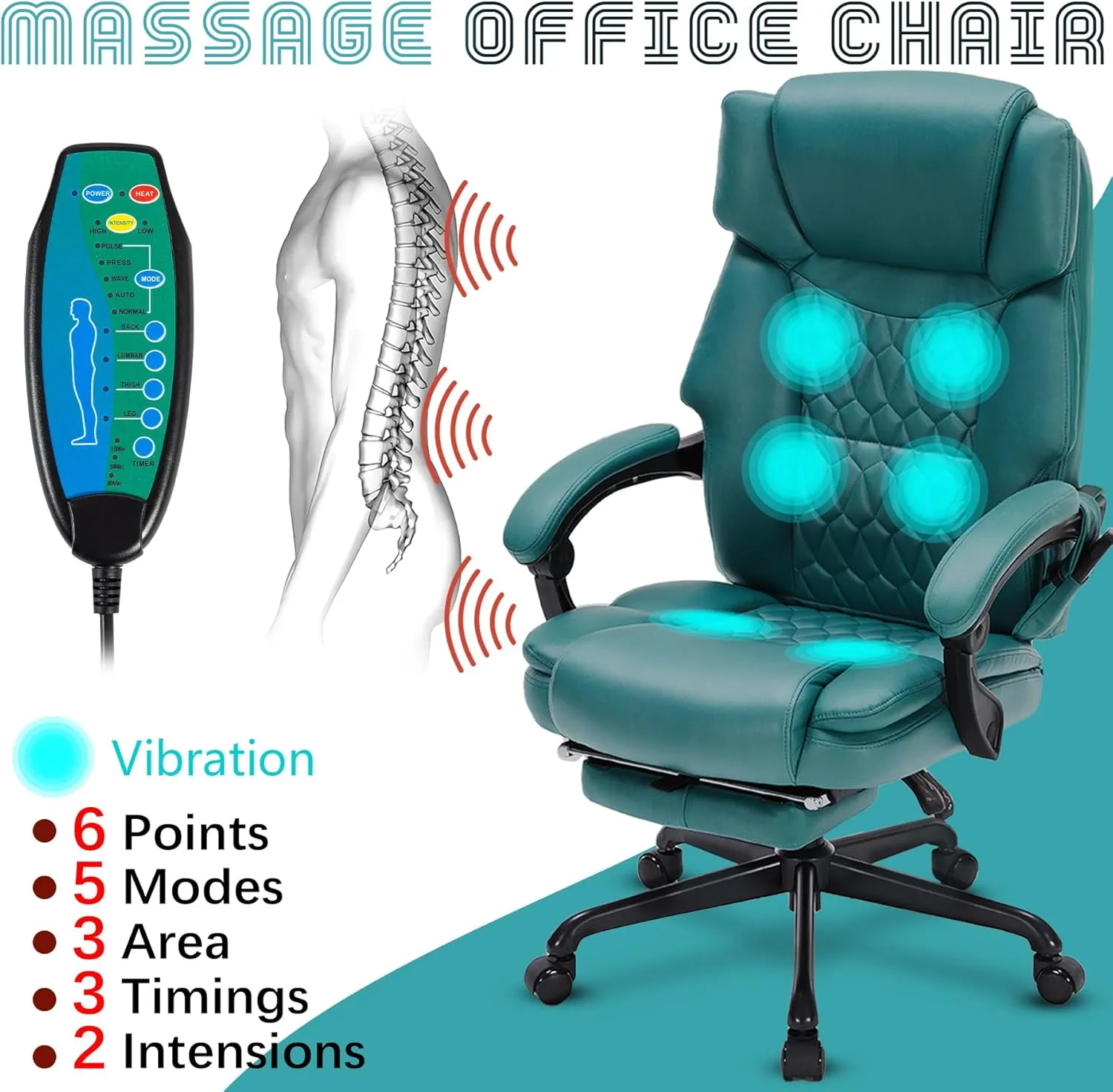 Massage Office Chair with Foot Rest 6 Points Vibration and Heat Home Office Desk Chairs for Heavy People 400lbs Reclining Managerial Chairs Ergonomic Executive Chair (Teal Blue)