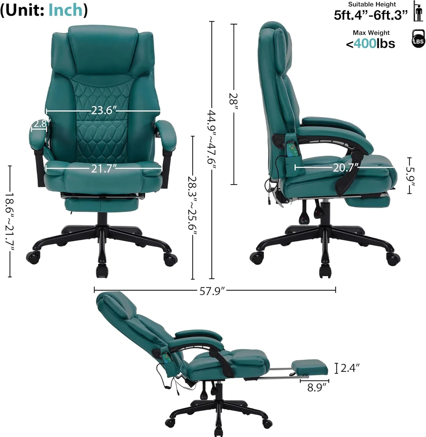 Massage Office Chair with Foot Rest 6 Points Vibration and Heat Home Office Desk Chairs for Heavy People 400lbs Reclining Managerial Chairs Ergonomic Executive Chair (Teal Blue)
