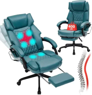Massage Office Chair with Foot Rest 6 Points Vibration and Heat Home Office Desk Chairs for Heavy People 400lbs Reclining Managerial Chairs Ergonomic Executive Chair (Teal Blue)