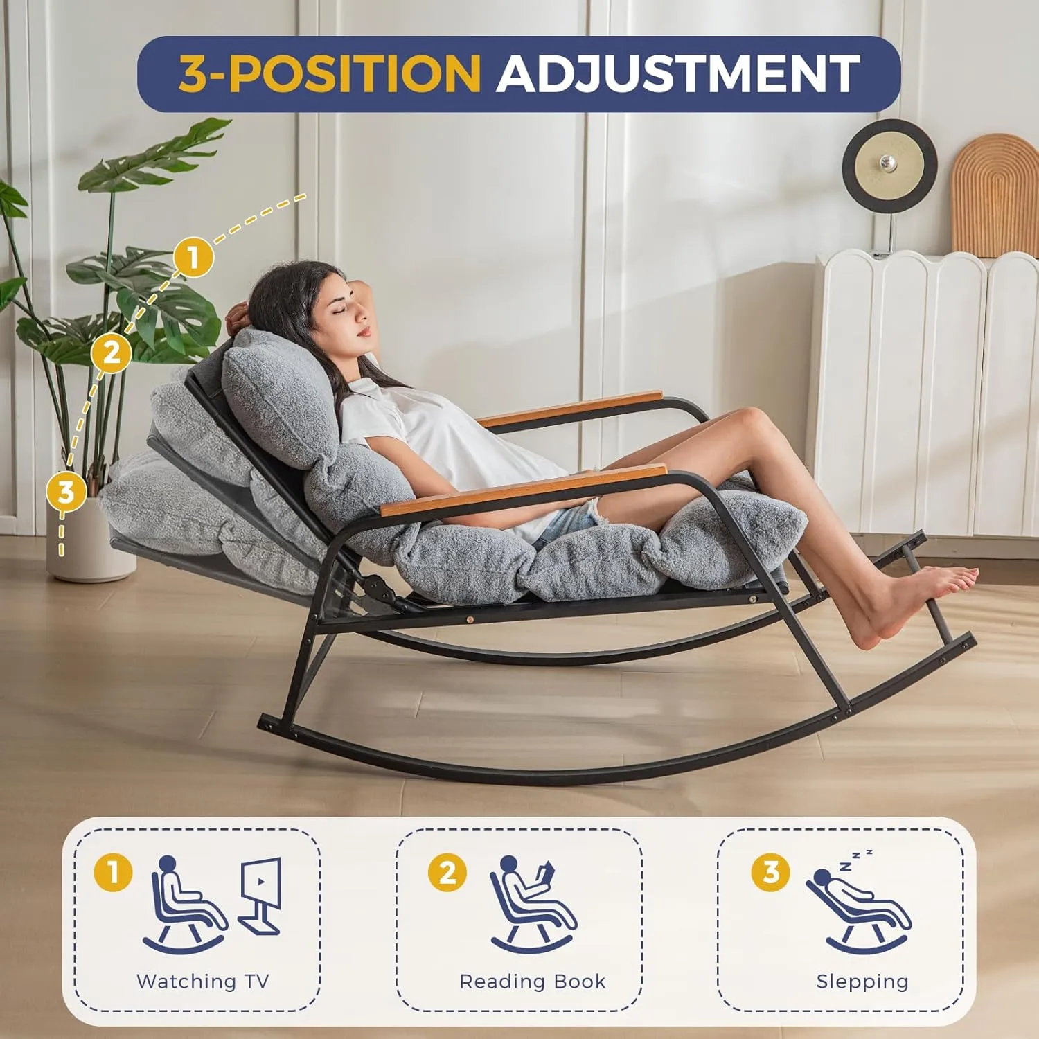 MAXYOYO Rocking Chair with Adjustable Backrest, Extra-Wide Teddy Upholstered Gliding Chair Boucle Reclining Chair, Modern Accent Chair for Living Room Nursery Bedroom Outdoor, Grey
