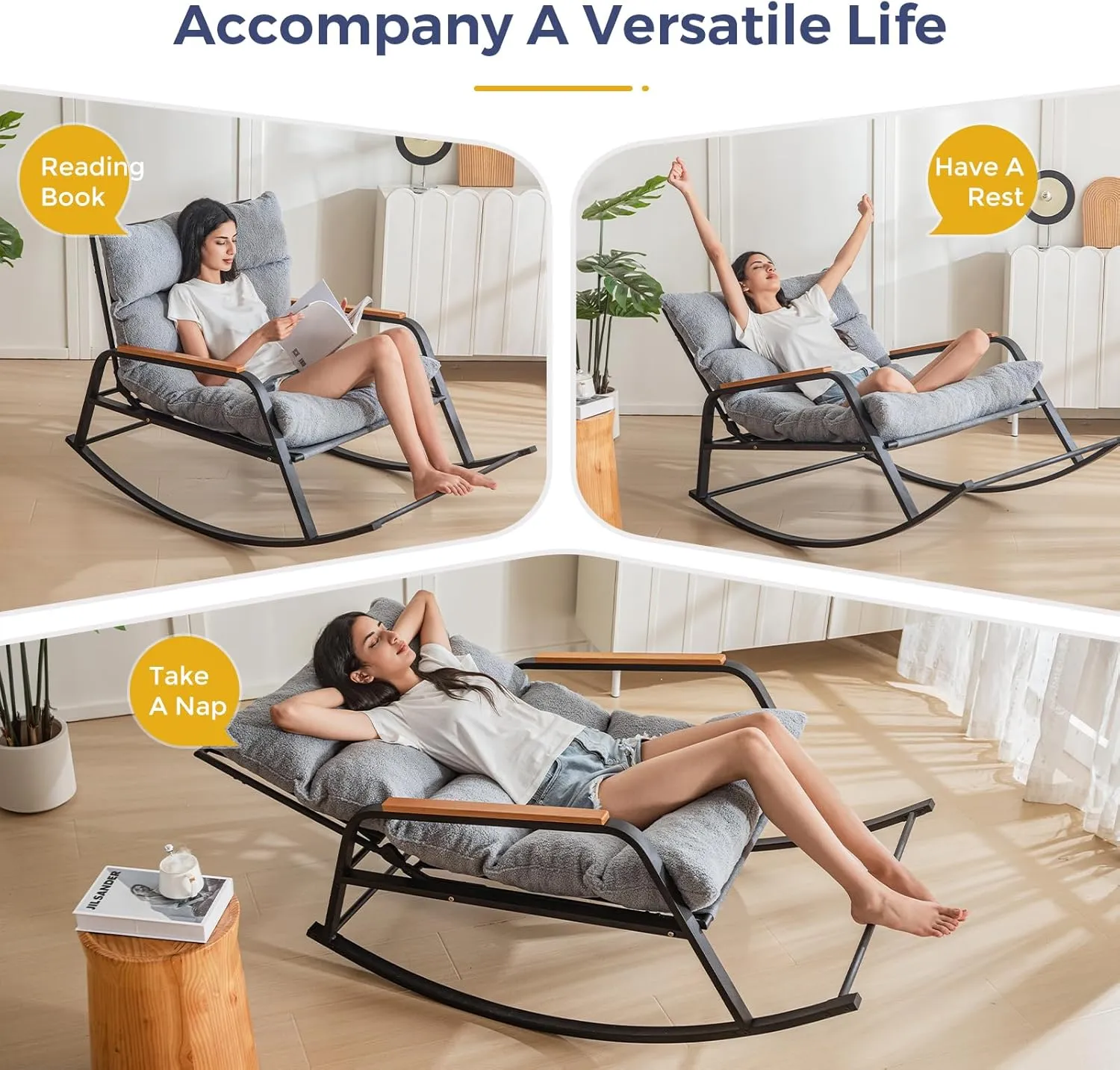 MAXYOYO Rocking Chair with Adjustable Backrest, Extra-Wide Teddy Upholstered Gliding Chair Boucle Reclining Chair, Modern Accent Chair for Living Room Nursery Bedroom Outdoor, Grey
