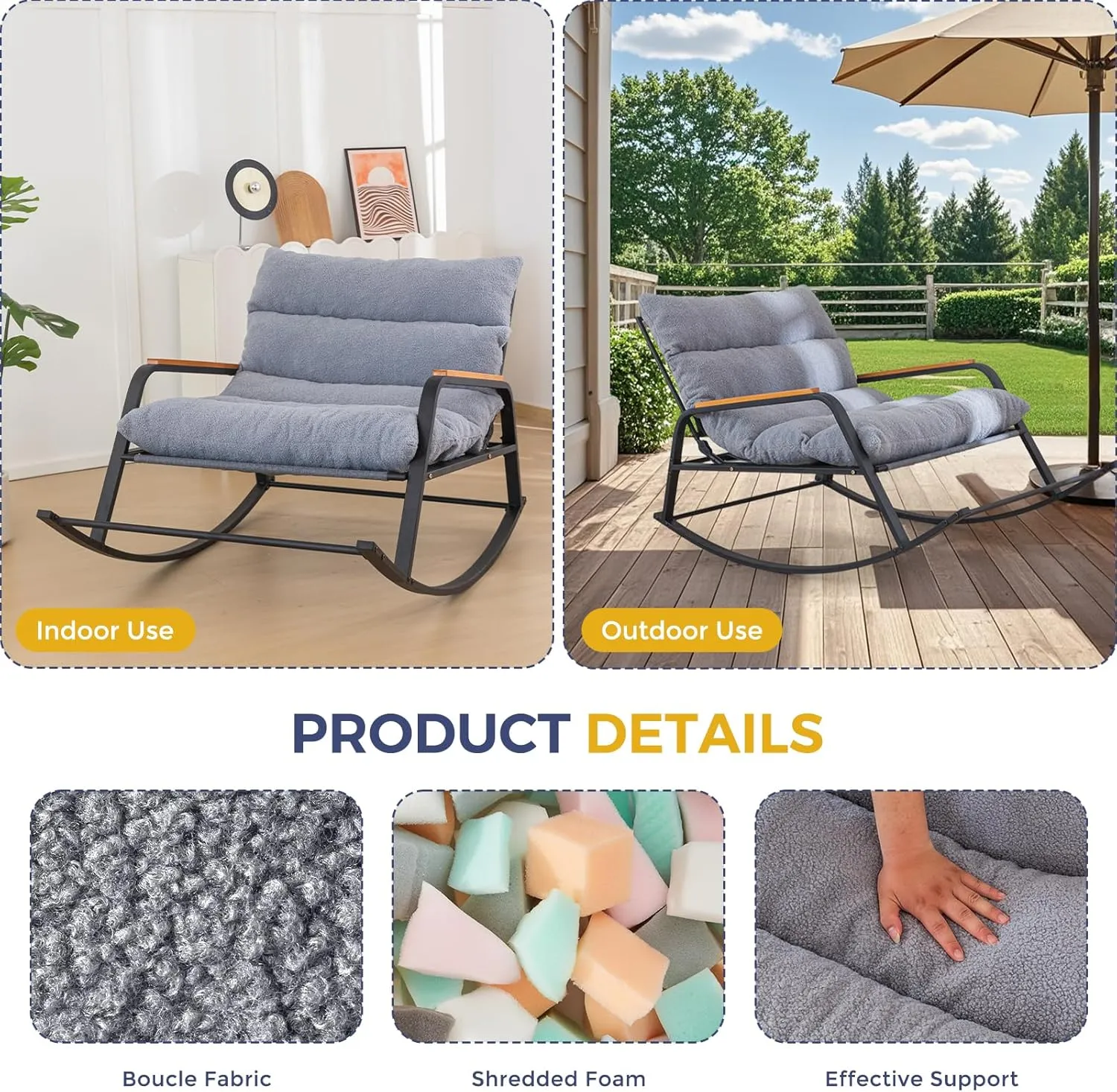 MAXYOYO Rocking Chair with Adjustable Backrest, Extra-Wide Teddy Upholstered Gliding Chair Boucle Reclining Chair, Modern Accent Chair for Living Room Nursery Bedroom Outdoor, Grey