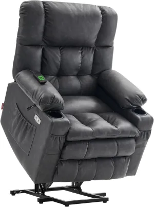MCombo Dual Motor Power Lift Recliner Chair for Elderly, Infinite Position Lay Flat Lift Chair with Heat and Massage for Seniors, Cup Holders, USB Ports, Faux Leather 7890 (Grey, Medium)