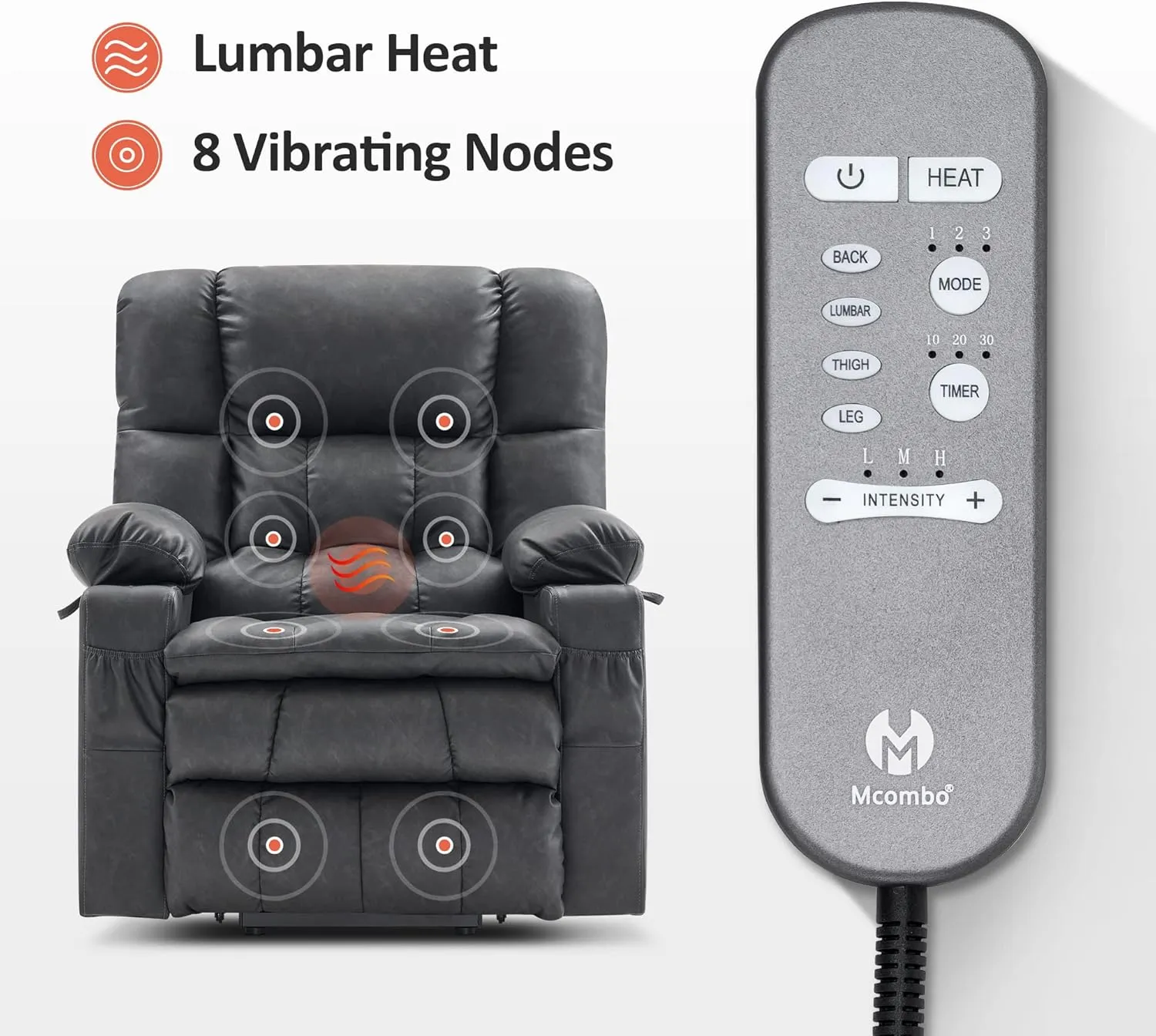 MCombo Dual Motor Power Lift Recliner Chair for Elderly, Infinite Position Lay Flat Lift Chair with Heat and Massage for Seniors, Cup Holders, USB Ports, Faux Leather 7890 (Grey, Medium)