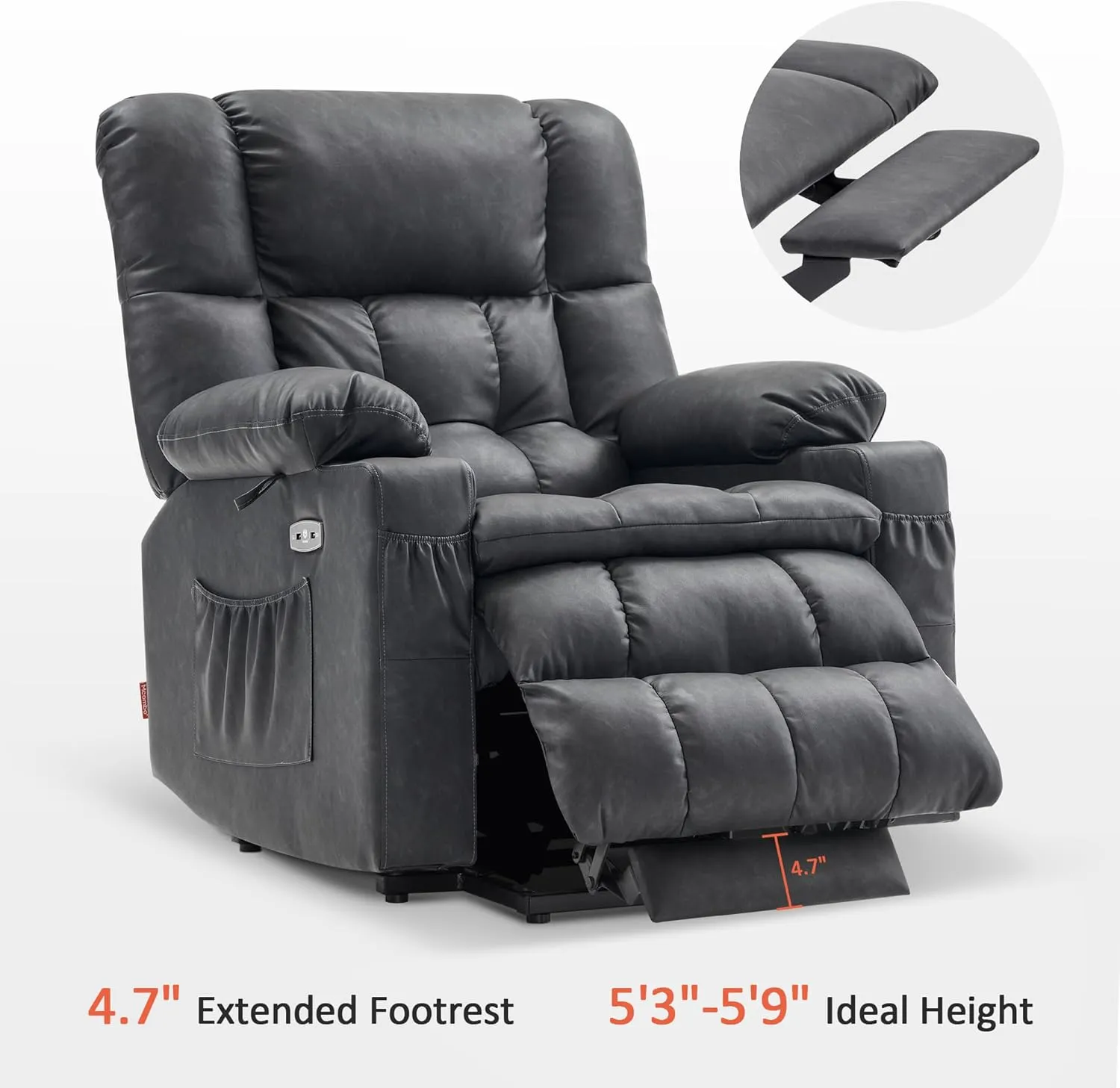 MCombo Dual Motor Power Lift Recliner Chair for Elderly, Infinite Position Lay Flat Lift Chair with Heat and Massage for Seniors, Cup Holders, USB Ports, Faux Leather 7890 (Grey, Medium)