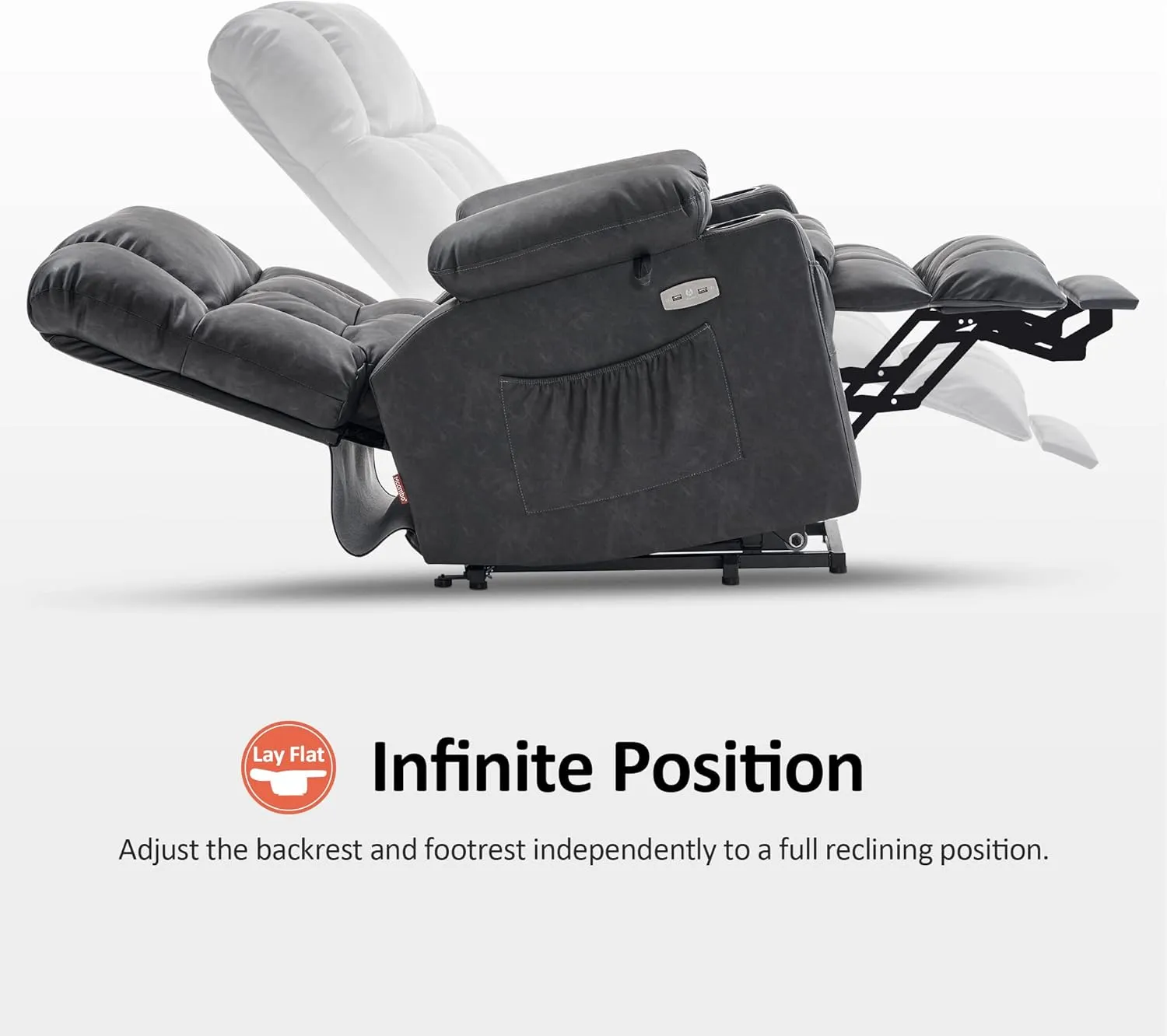 MCombo Dual Motor Power Lift Recliner Chair for Elderly, Infinite Position Lay Flat Lift Chair with Heat and Massage for Seniors, Cup Holders, USB Ports, Faux Leather 7890 (Grey, Medium)