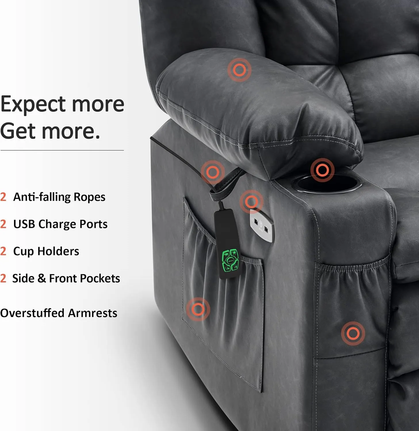 MCombo Dual Motor Power Lift Recliner Chair for Elderly, Infinite Position Lay Flat Lift Chair with Heat and Massage for Seniors, Cup Holders, USB Ports, Faux Leather 7890 (Grey, Medium)