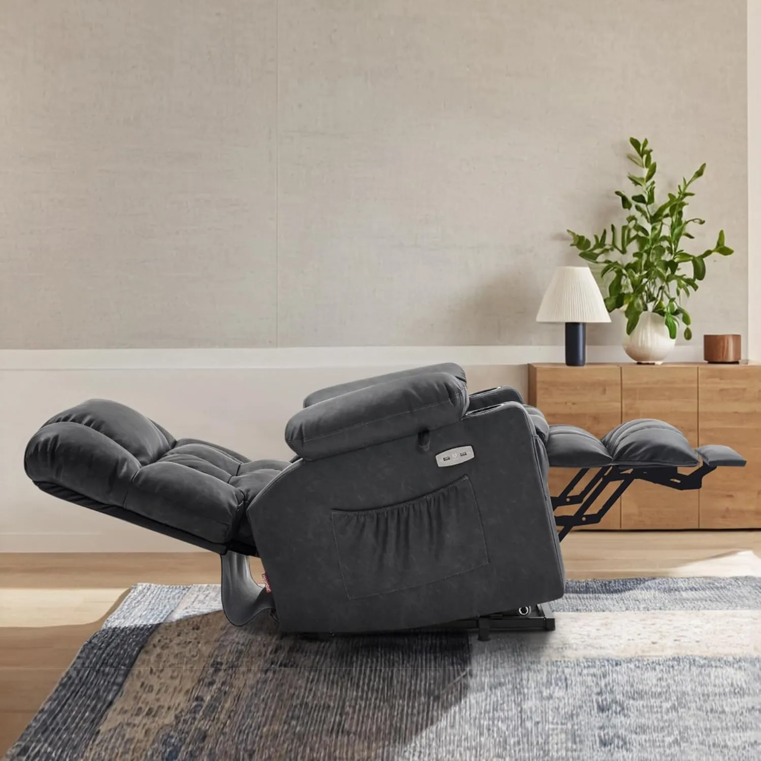 MCombo Dual Motor Power Lift Recliner Chair for Elderly, Infinite Position Lay Flat Lift Chair with Heat and Massage for Seniors, Cup Holders, USB Ports, Faux Leather 7890 (Grey, Medium)
