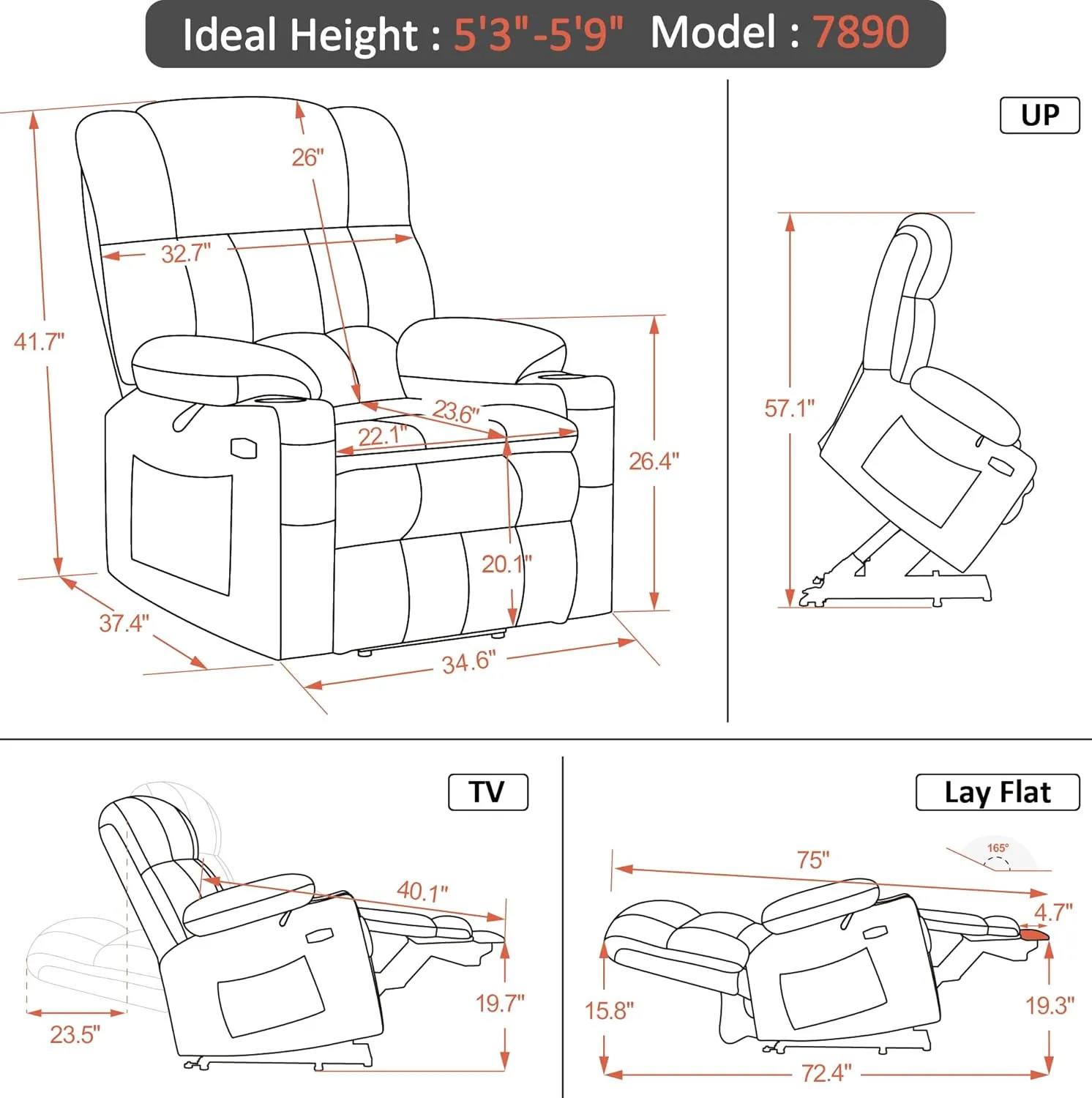 MCombo Dual Motor Power Lift Recliner Chair for Elderly, Infinite Position Lay Flat Lift Chair with Heat and Massage for Seniors, Cup Holders, USB Ports, Faux Leather 7890 (Grey, Medium)