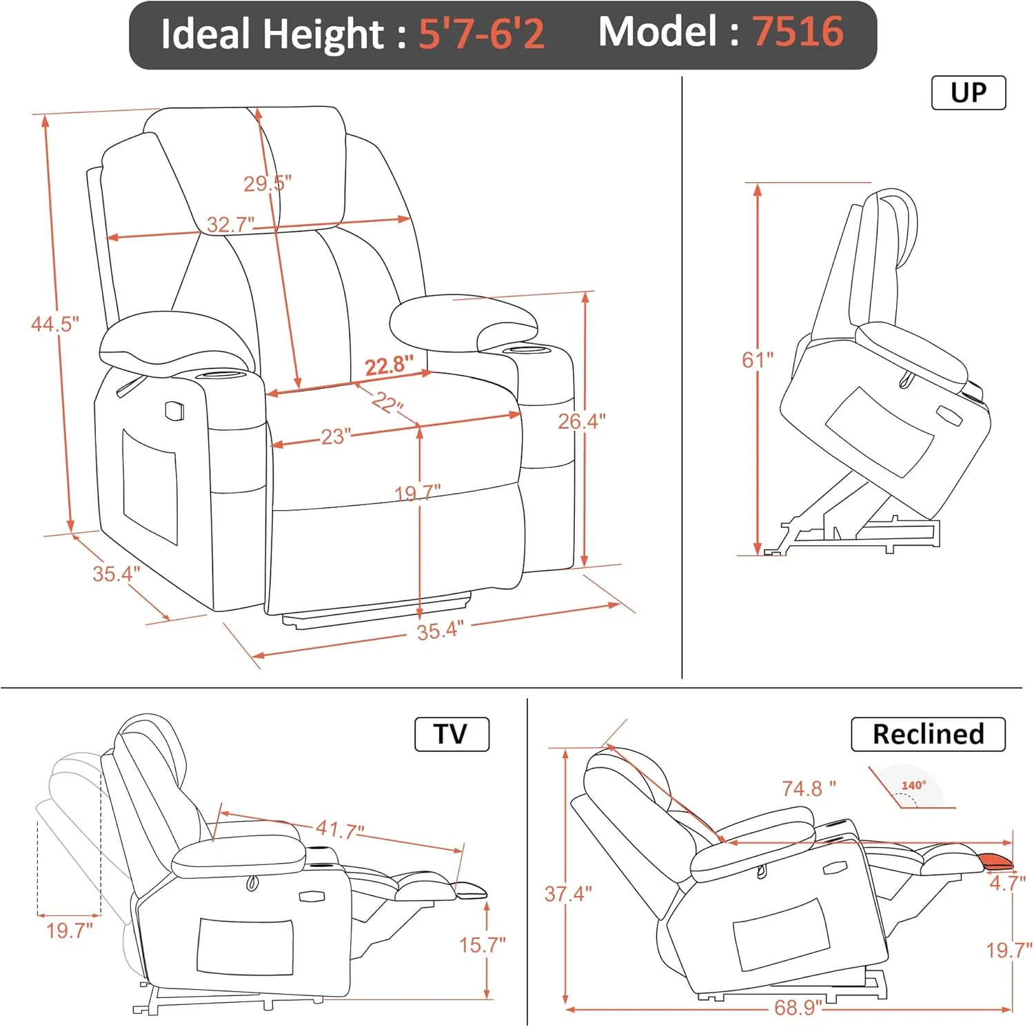 MCombo Large Power Lift Recliner Chair Sofa with Massage and Heat for Big and Tall Elderly People, 3 Positions, Cup Holders, and USB Ports, Extended Footrest, Fabric 7516(Large,Admiral)