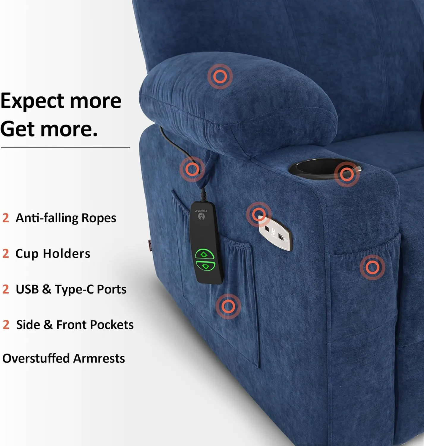MCombo Large Power Lift Recliner Chair Sofa with Massage and Heat for Big and Tall Elderly People, 3 Positions, Cup Holders, and USB Ports, Extended Footrest, Fabric 7516(Large,Admiral)