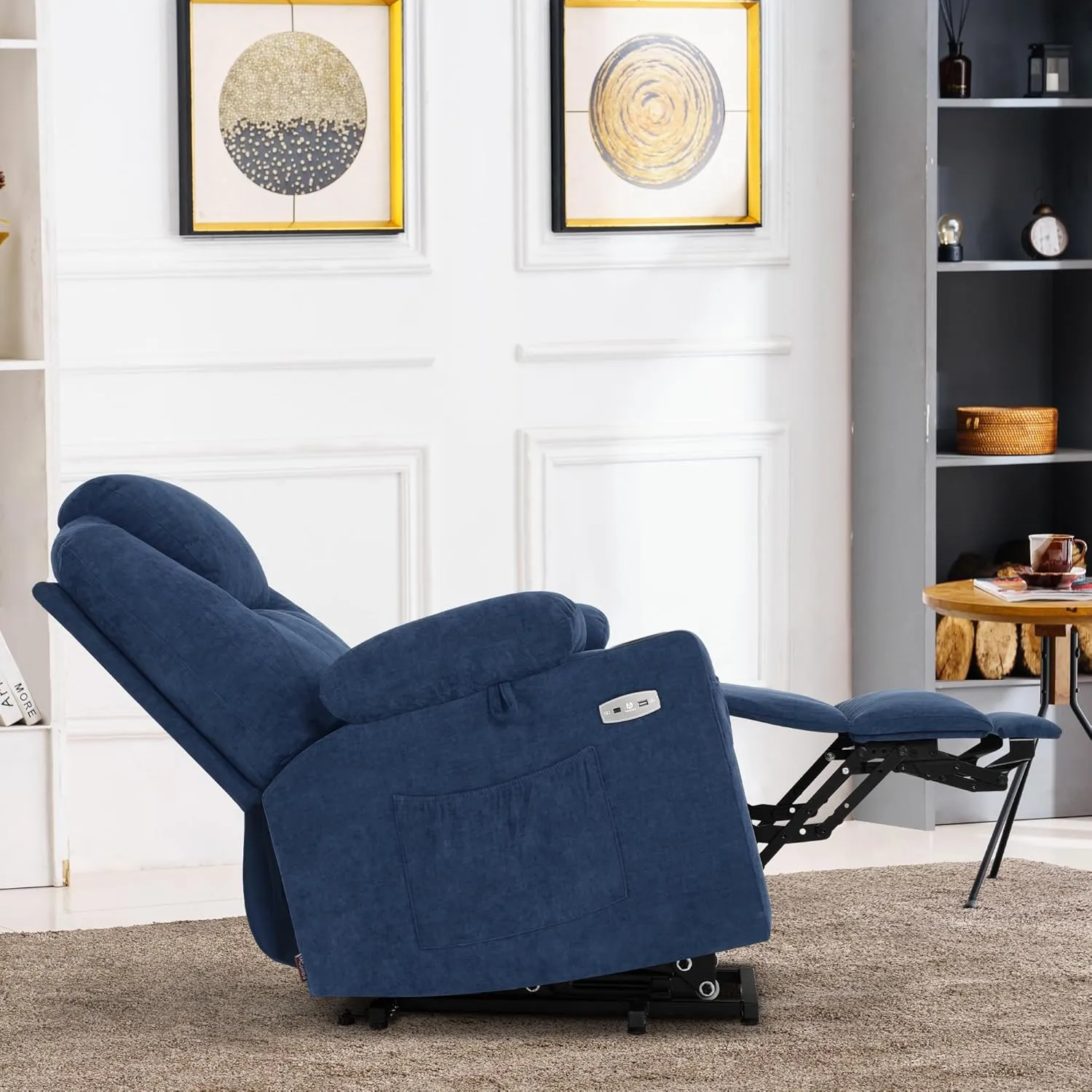 MCombo Large Power Lift Recliner Chair Sofa with Massage and Heat for Big and Tall Elderly People, 3 Positions, Cup Holders, and USB Ports, Extended Footrest, Fabric 7516(Large,Admiral)