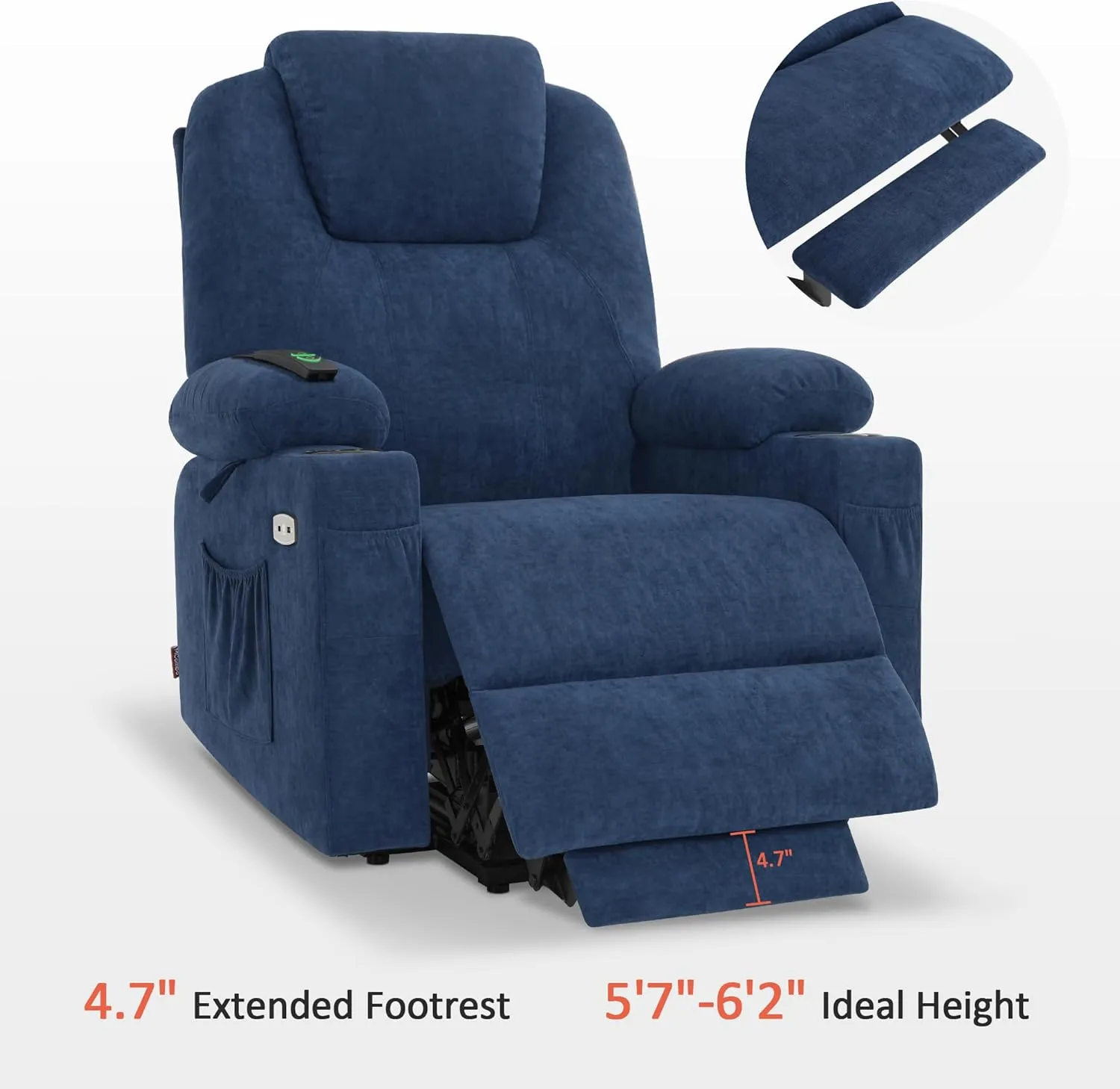 MCombo Large Power Lift Recliner Chair Sofa with Massage and Heat for Big and Tall Elderly People, 3 Positions, Cup Holders, and USB Ports, Extended Footrest, Fabric 7516(Large,Admiral)