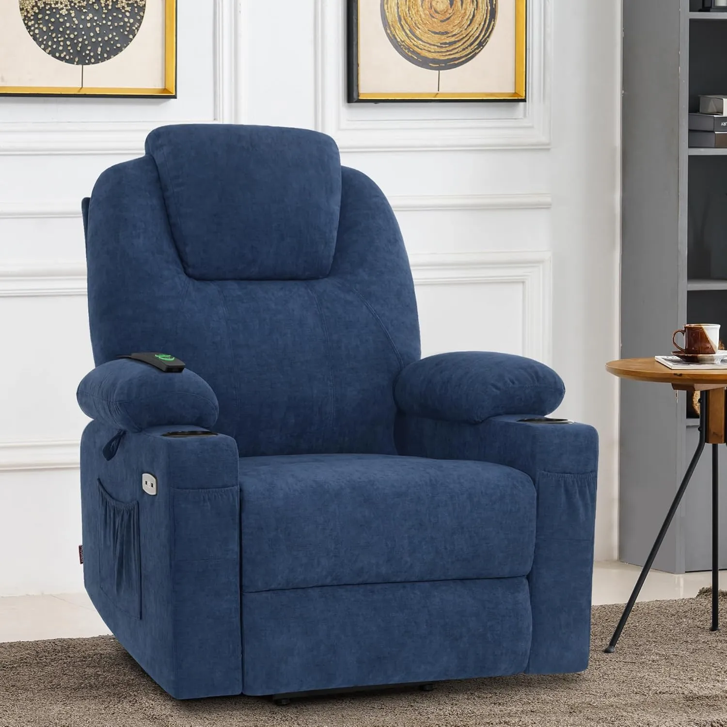 MCombo Large Power Lift Recliner Chair Sofa with Massage and Heat for Big and Tall Elderly People, 3 Positions, Cup Holders, and USB Ports, Extended Footrest, Fabric 7516(Large,Admiral)