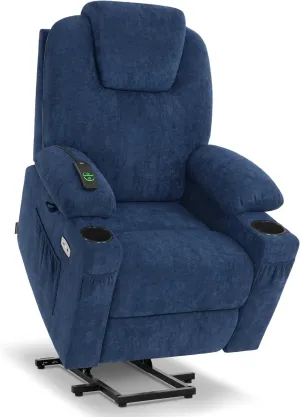 MCombo Large Power Lift Recliner Chair Sofa with Massage and Heat for Big and Tall Elderly People, 3 Positions, Cup Holders, and USB Ports, Extended Footrest, Fabric 7516(Large,Admiral)