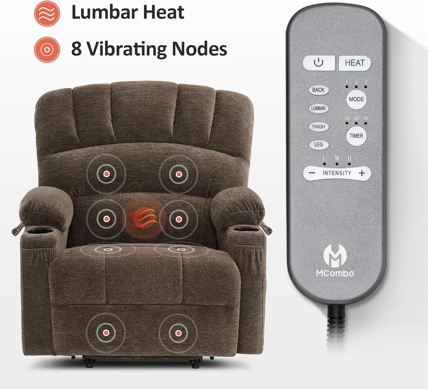 MCombo Large Power Lift Recliner Chair Sofa with Massage and Heat for Big Elderly People, USB Ports, Side Pockets, Fabric R7092 (Coffee, Large-Wide)