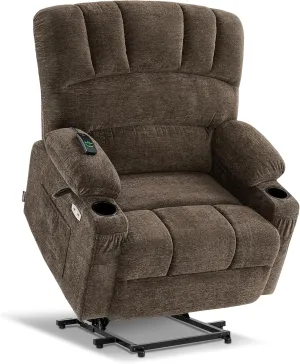 MCombo Large Power Lift Recliner Chair Sofa with Massage and Heat for Big Elderly People, USB Ports, Side Pockets, Fabric R7092 (Coffee, Large-Wide)