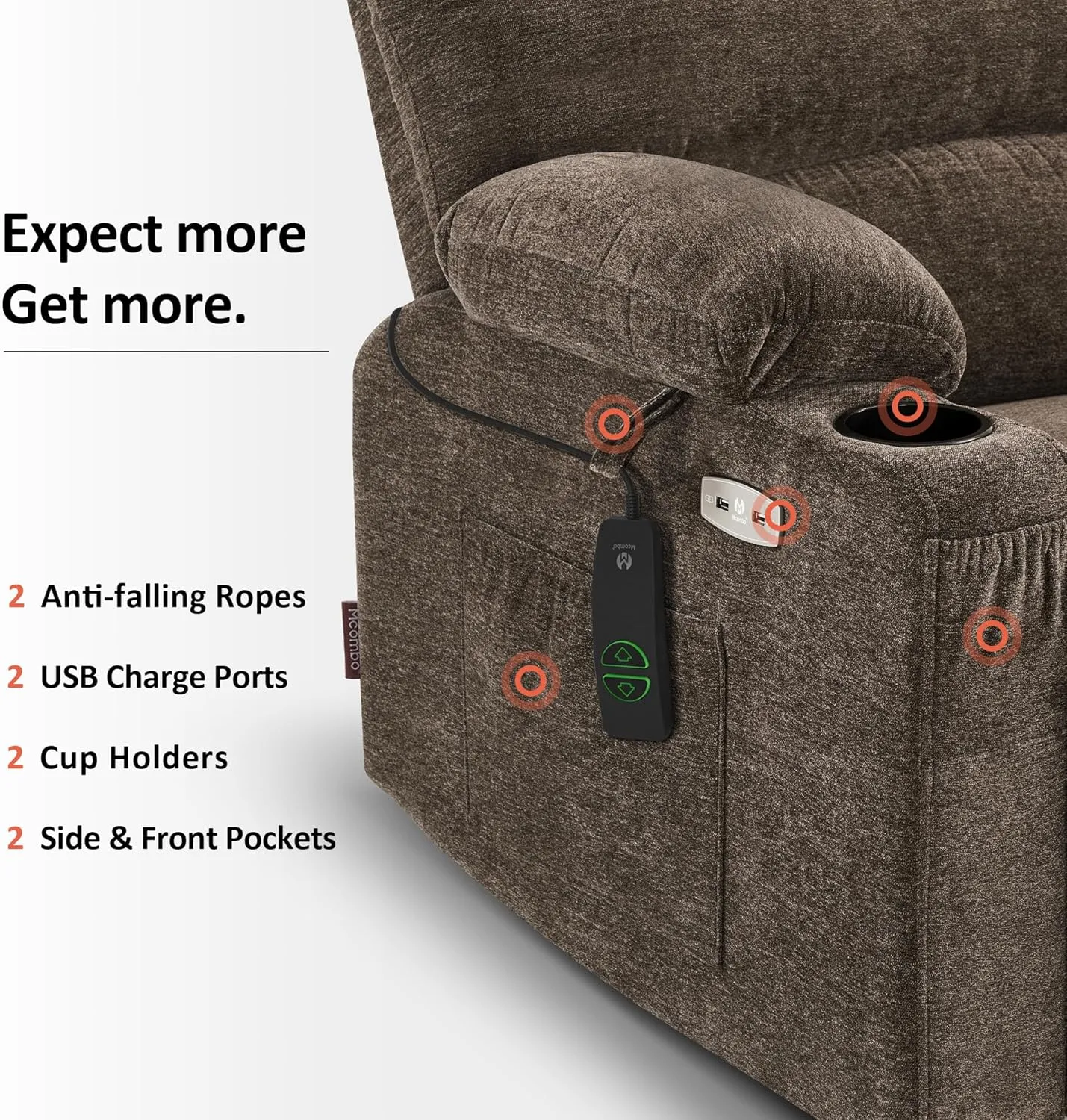 MCombo Large Power Lift Recliner Chair Sofa with Massage and Heat for Big Elderly People, USB Ports, Side Pockets, Fabric R7092 (Coffee, Large-Wide)