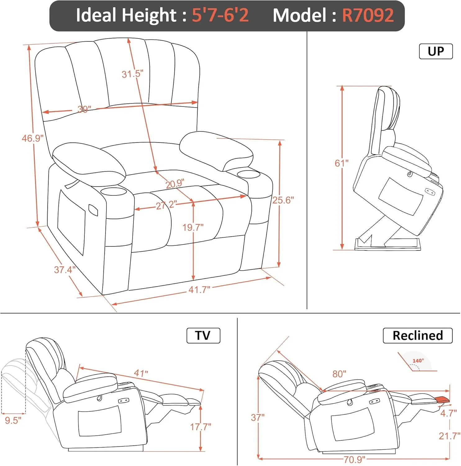 MCombo Large Power Lift Recliner Chair Sofa with Massage and Heat for Big Elderly People, USB Ports, Side Pockets, Fabric R7092 (Coffee, Large-Wide)
