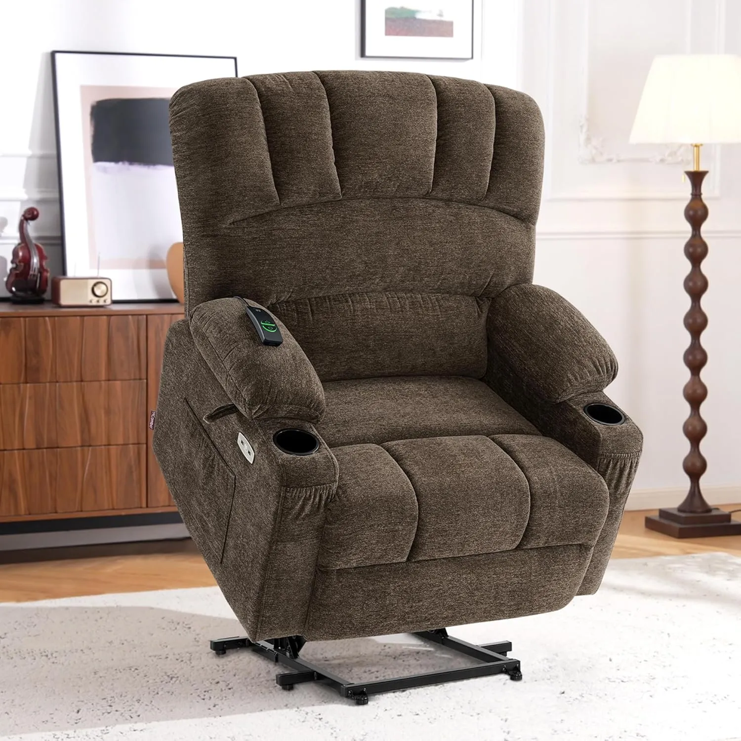 MCombo Large Power Lift Recliner Chair Sofa with Massage and Heat for Big Elderly People, USB Ports, Side Pockets, Fabric R7092 (Coffee, Large-Wide)