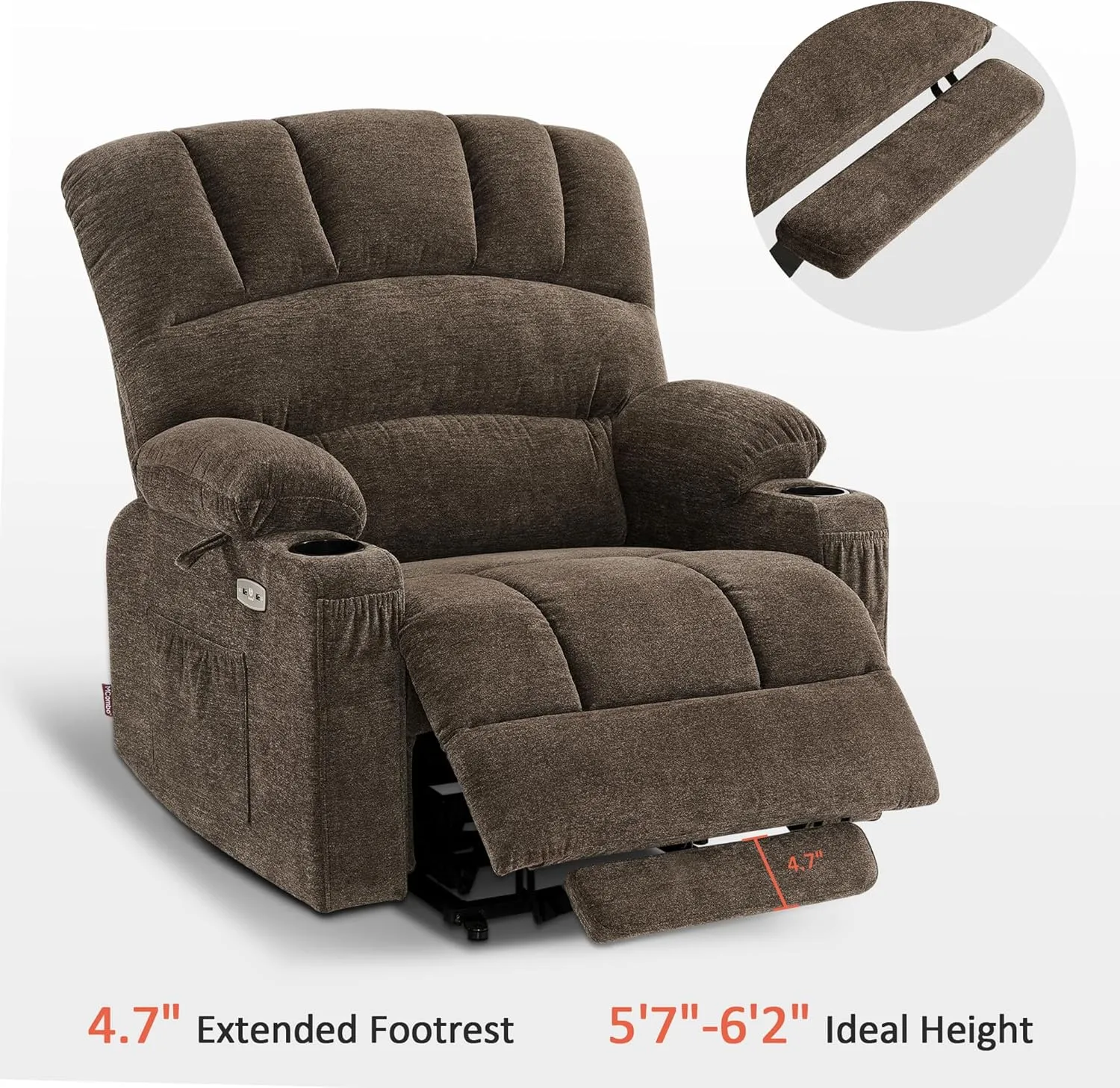 MCombo Large Power Lift Recliner Chair Sofa with Massage and Heat for Big Elderly People, USB Ports, Side Pockets, Fabric R7092 (Coffee, Large-Wide)