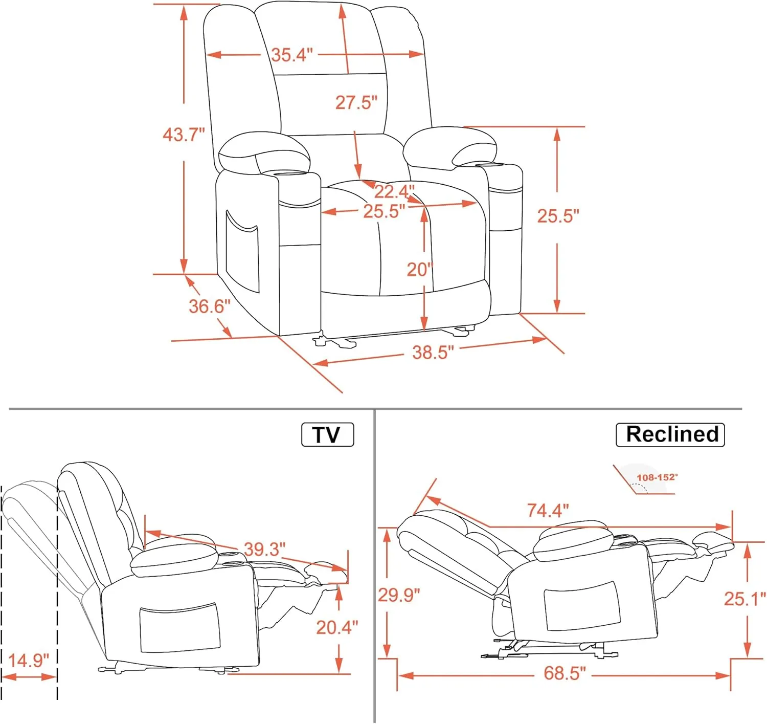 MCombo Large Power Recliner Chair with Heat and Vibration, USB Ports, Cup Holders, Electric Reclining for Living Room PR670 (Gray Large 25.5" Seat Width)