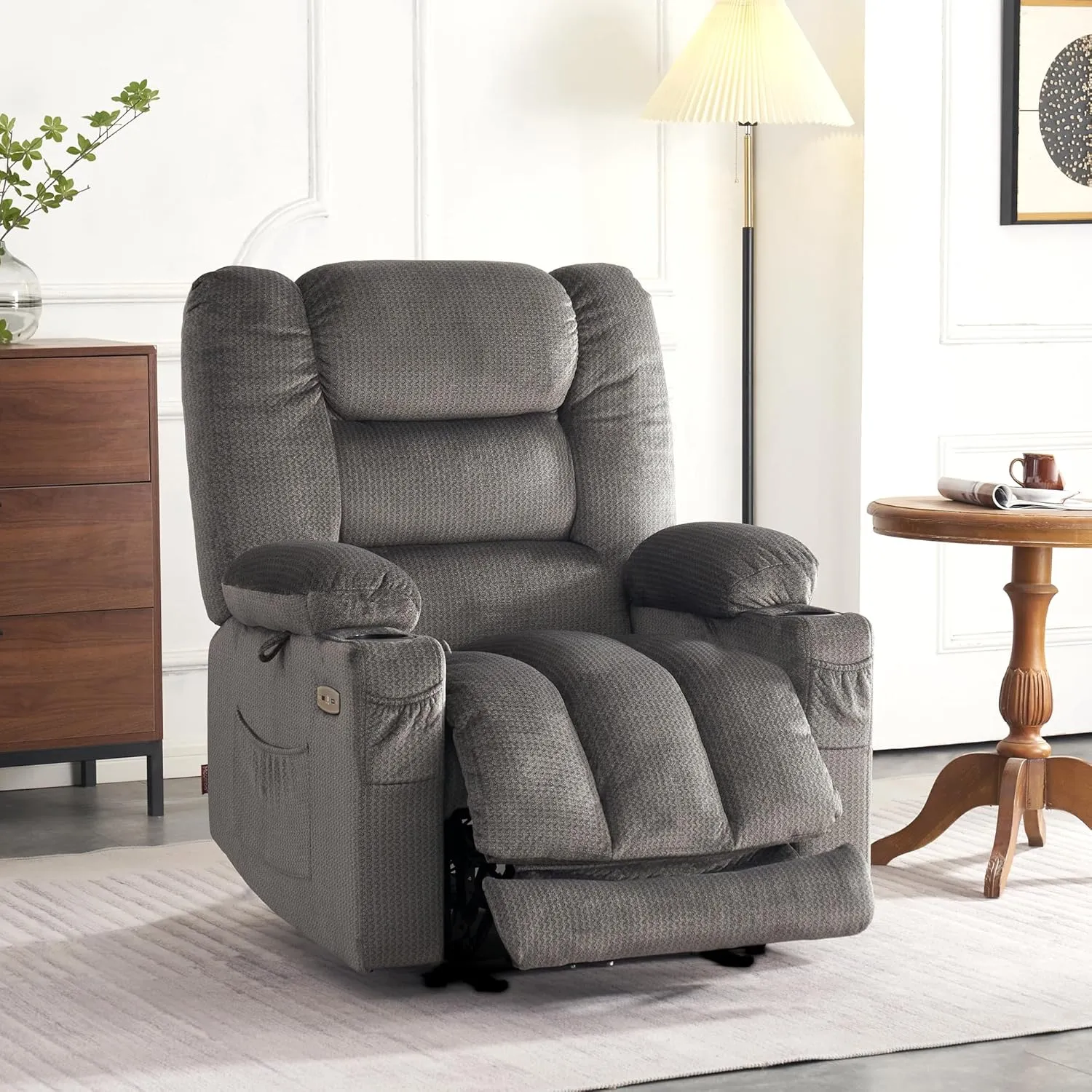 MCombo Large Power Recliner Chair with Heat and Vibration, USB Ports, Cup Holders, Electric Reclining for Living Room PR670 (Gray Large 25.5" Seat Width)