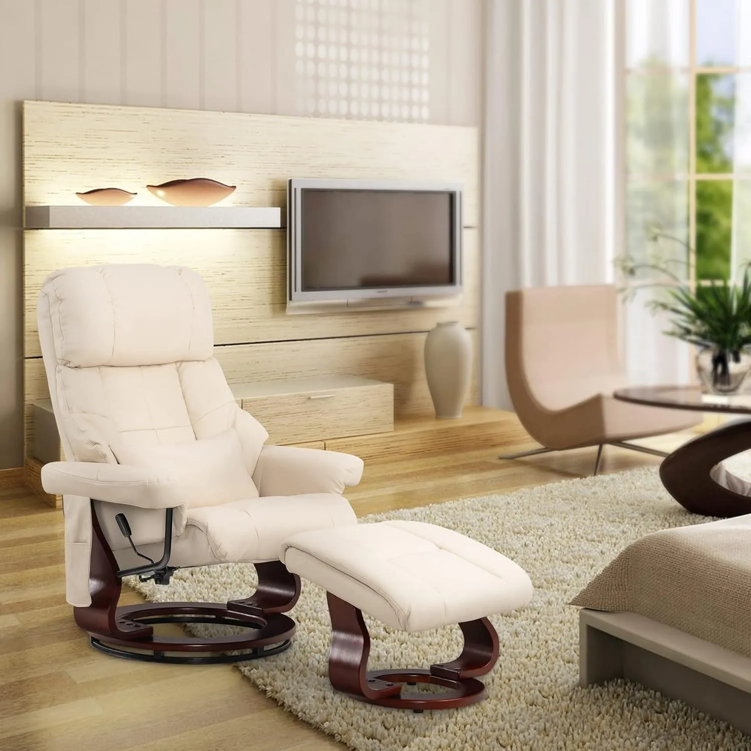 MCombo Manual Swivel Recliner with Ottoman, Reclining Chair with Vibration Massage for Small Spaces, Living Room, Office, Faux Leather 9068 (Cream White)