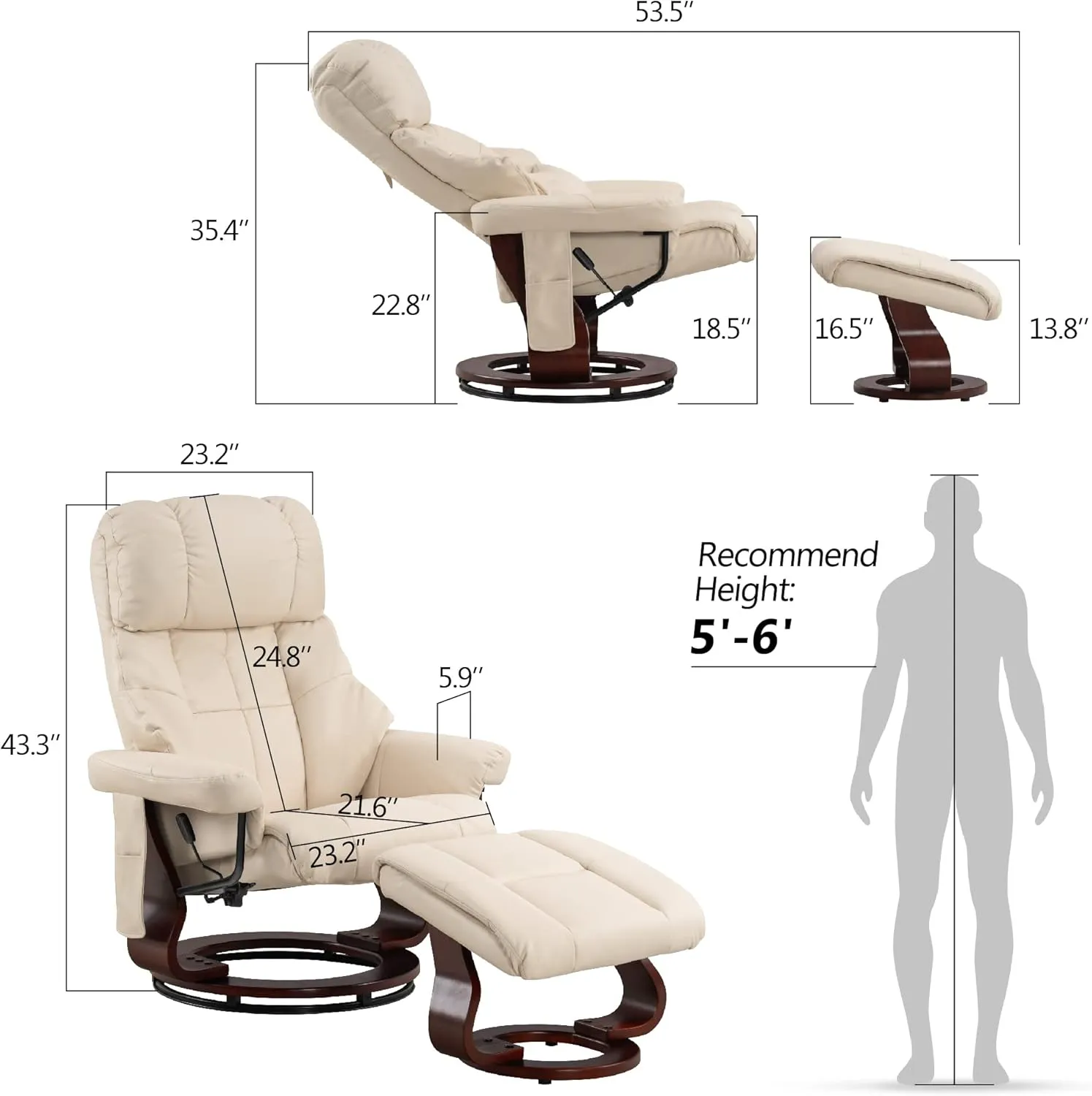 MCombo Manual Swivel Recliner with Ottoman, Reclining Chair with Vibration Massage for Small Spaces, Living Room, Office, Faux Leather 9068 (Cream White)