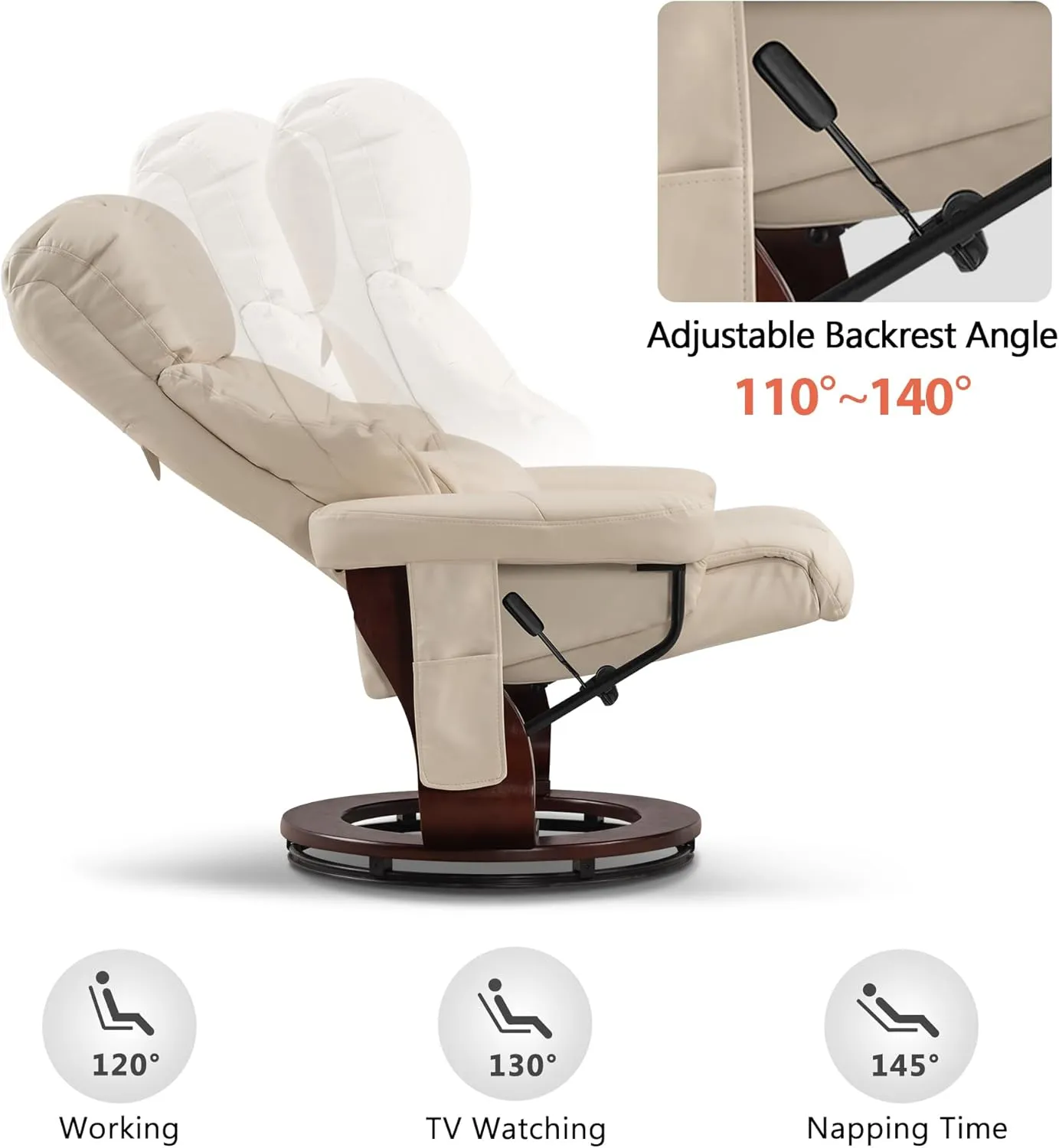 MCombo Manual Swivel Recliner with Ottoman, Reclining Chair with Vibration Massage for Small Spaces, Living Room, Office, Faux Leather 9068 (Cream White)