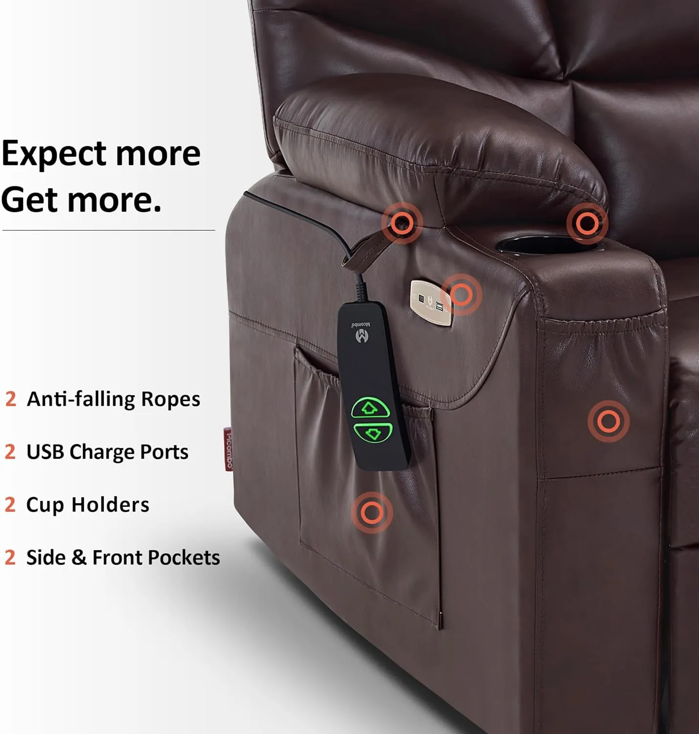 MCombo Power Lift Recliner Chair, 2 Cup Holders, USB Ports for Elderly People, Faux Leather 7287 (Dark Brown, Medium-Regular)