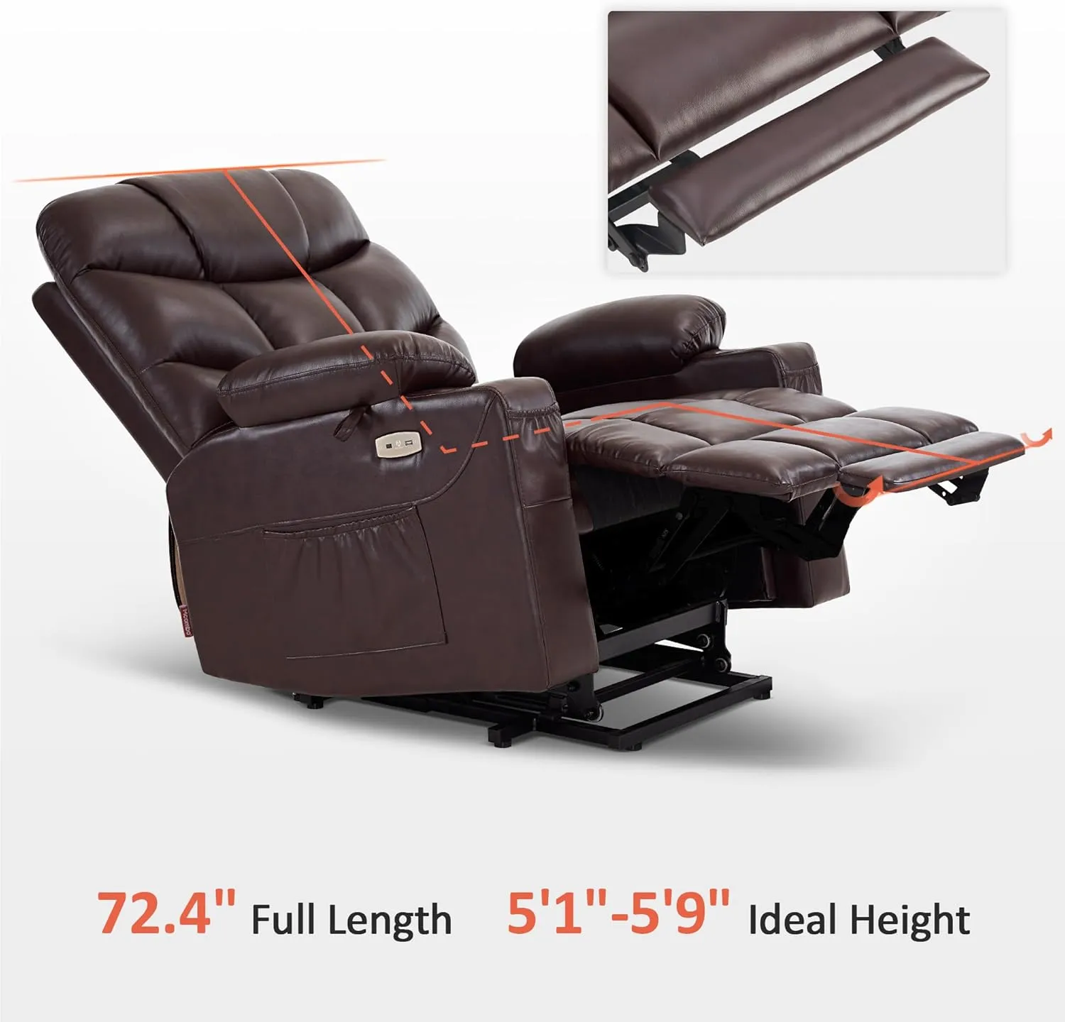 MCombo Power Lift Recliner Chair, 2 Cup Holders, USB Ports for Elderly People, Faux Leather 7287 (Dark Brown, Medium-Regular)